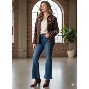 Coldwater Creek Jacket VTG 90s Brown Floral Embroidered Size 8 Purple Gold Boho